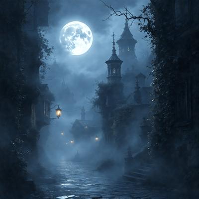 The primary subject of the image is a street at night with a moon in the sky. The setting is a dark, foggy, and mysterious atmosphere. The visual style is a digital art or illustration, creating a surreal and eerie mood. The colors are predominantly dark, with the moon and the streetlights providing the main source of illumination.